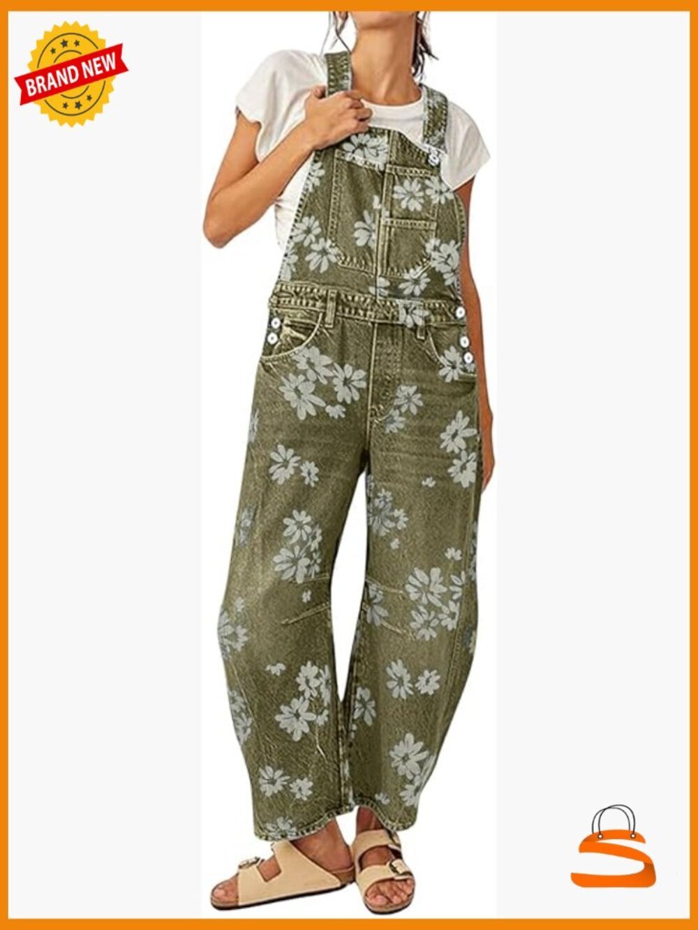 Womens Denim Bib Overalls Floral Print Barrel Wide Leg Baggy Adjustable Strap